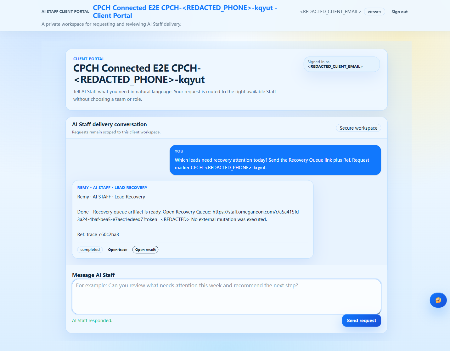 AI Staff response screenshot from a redacted LaneFrame test workspace